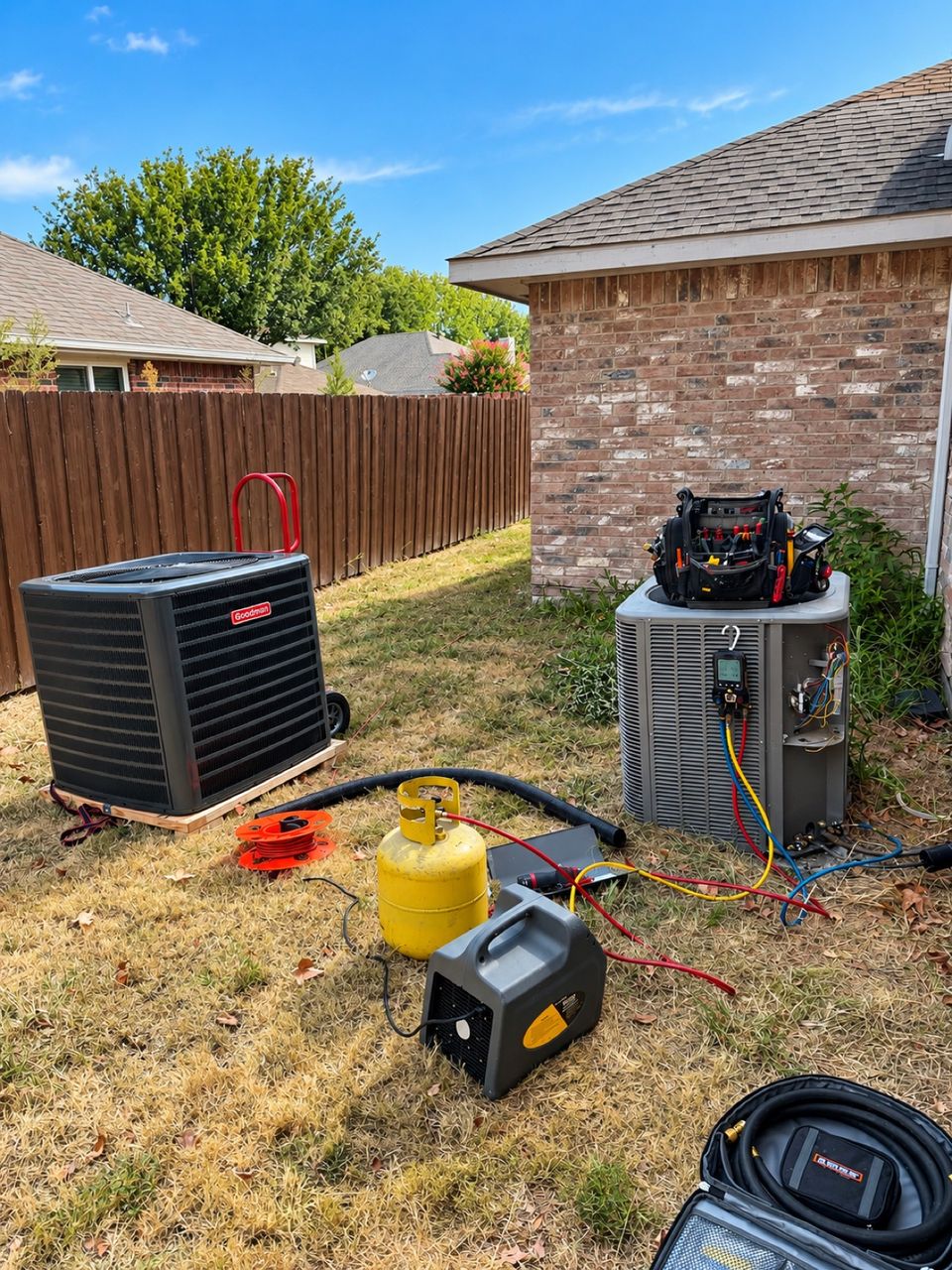 SmartWay technician servicing an outdoor air conditioning unit in a backyard in Celina