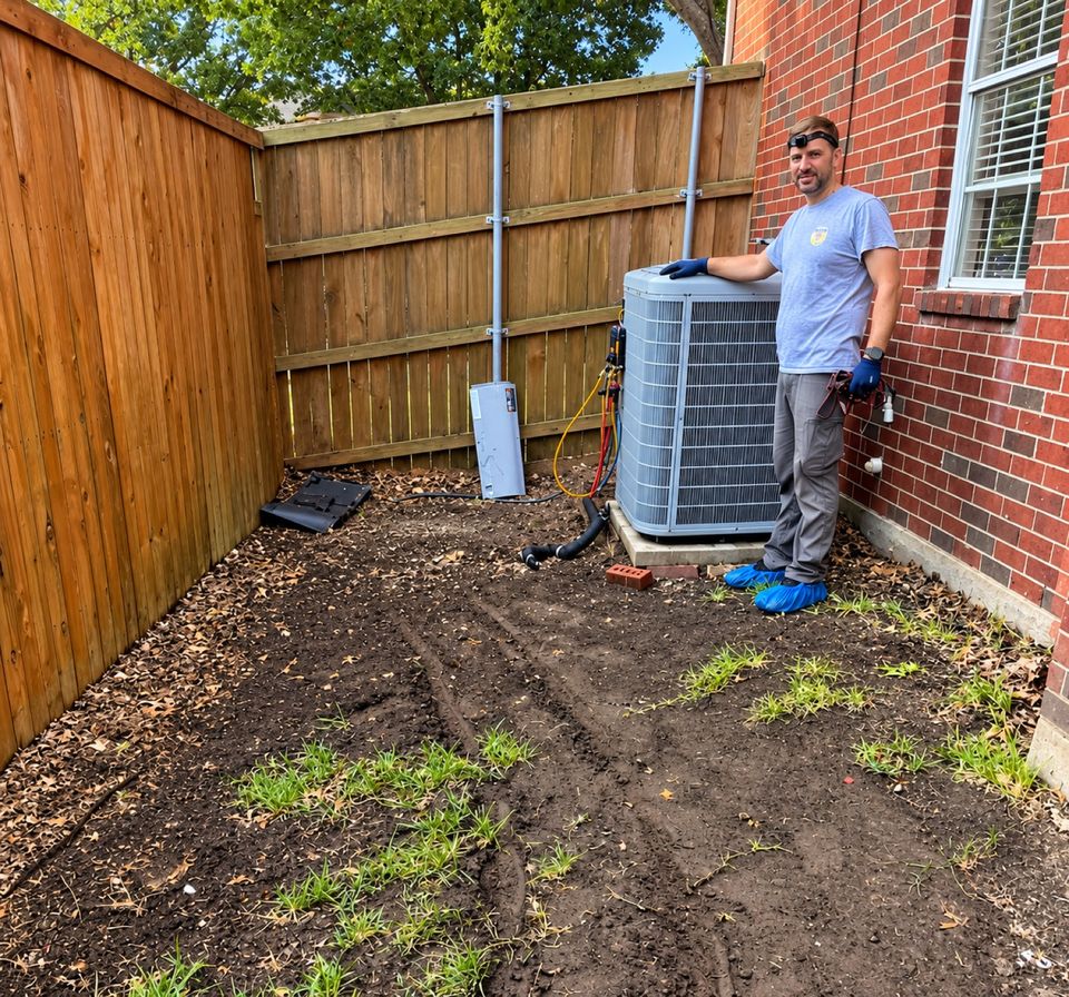 A technician standing with a newly set outdoor AC condenser unit after a replacement