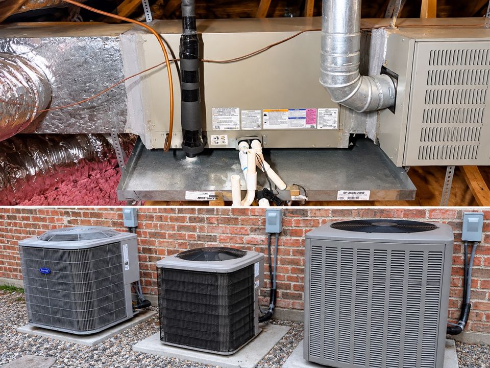 Three new outdoor AC condenser units installed together after a three-system replacement